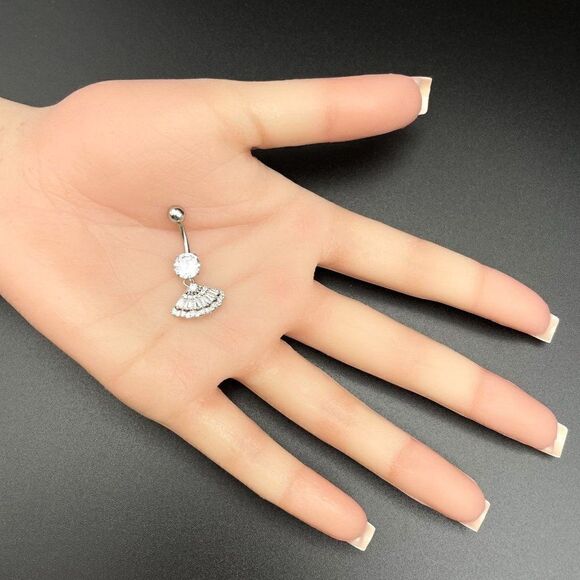 316L Stainless Steel with White Diamond Cubic Zirconia Dangling Fan Belly Ring - Picture 7 of 7